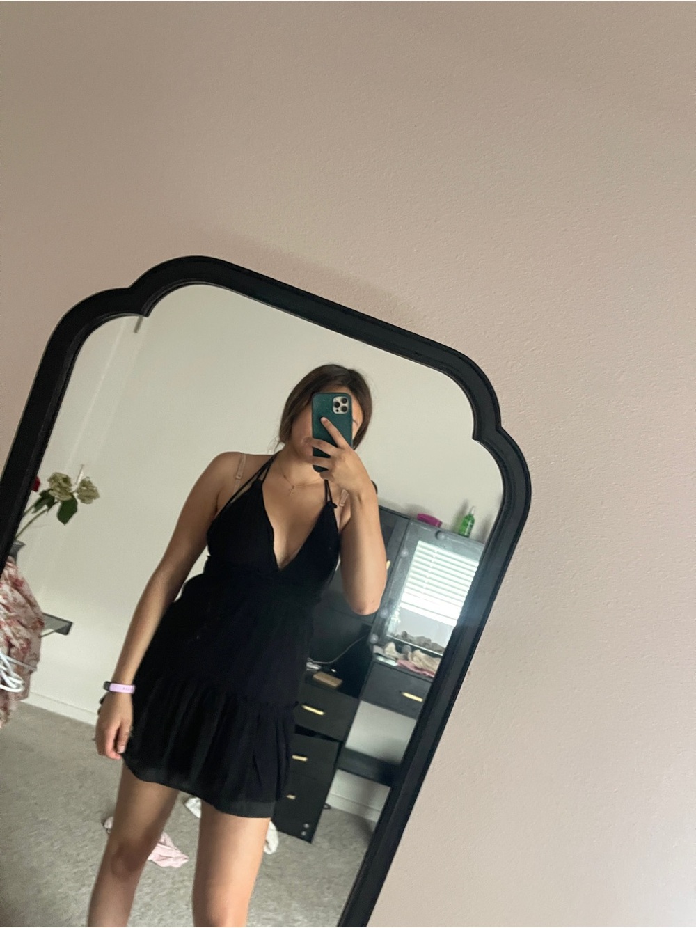 Black Halter Mini Dress with V-Neck